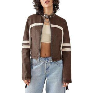 Women Brown Faux Leather Zip Up Cropped Jacket Stand Collar Moto Coat